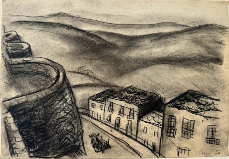 Vista de Lugo coa Muralla, debuxo a lapis